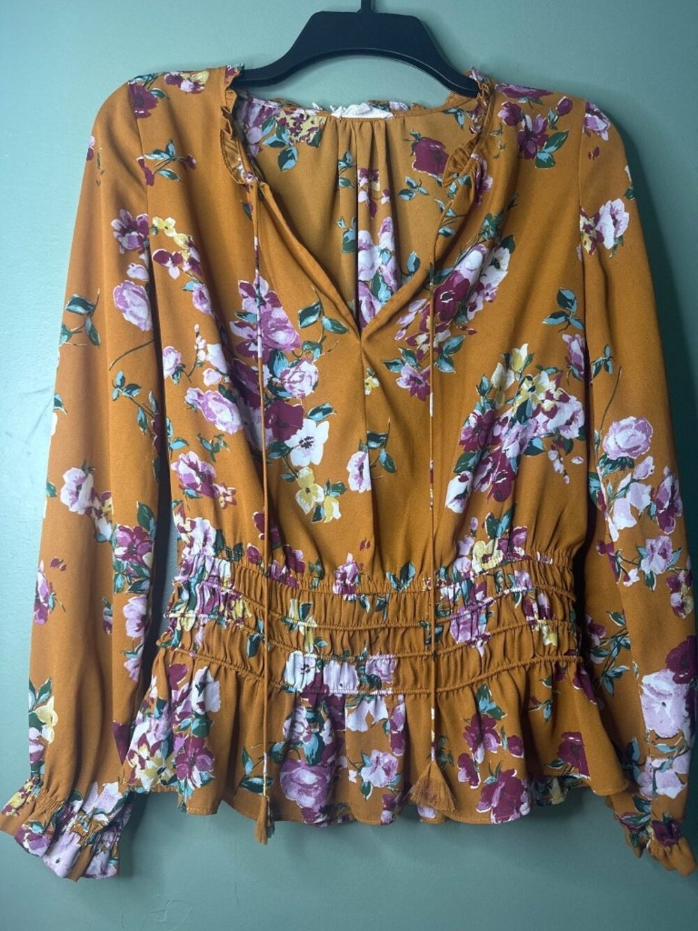 Socialite M Women’s Yellow Floral Blouse Smocked Waist Cottagecore Boho Top